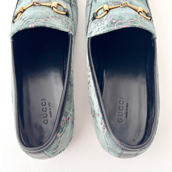 GUCCI | Jordaan Horsebit Velvet Monogram Loafers Flats Green Pink GG Logo US 9 - Picture 6 of 11